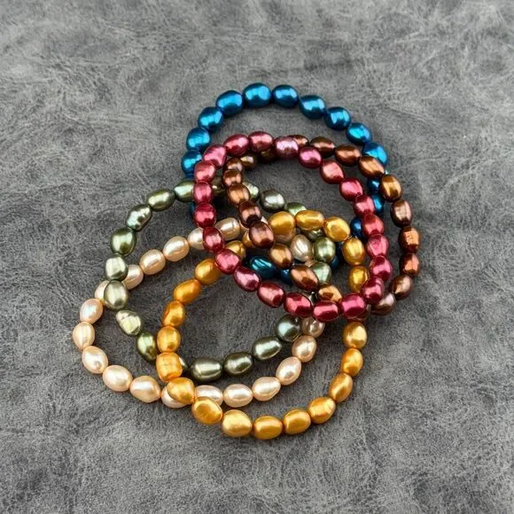 Set of Six 6 Cultured Large 0.25" Freshwater Pearls Stretch Bracelets Multicolor - Picture 2 of 11